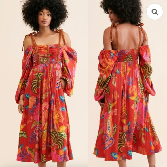 Farm Rio Mystic Bush Midi Boho Cold Shoulders Tropical Dress size XS - Picture 1 of 10
